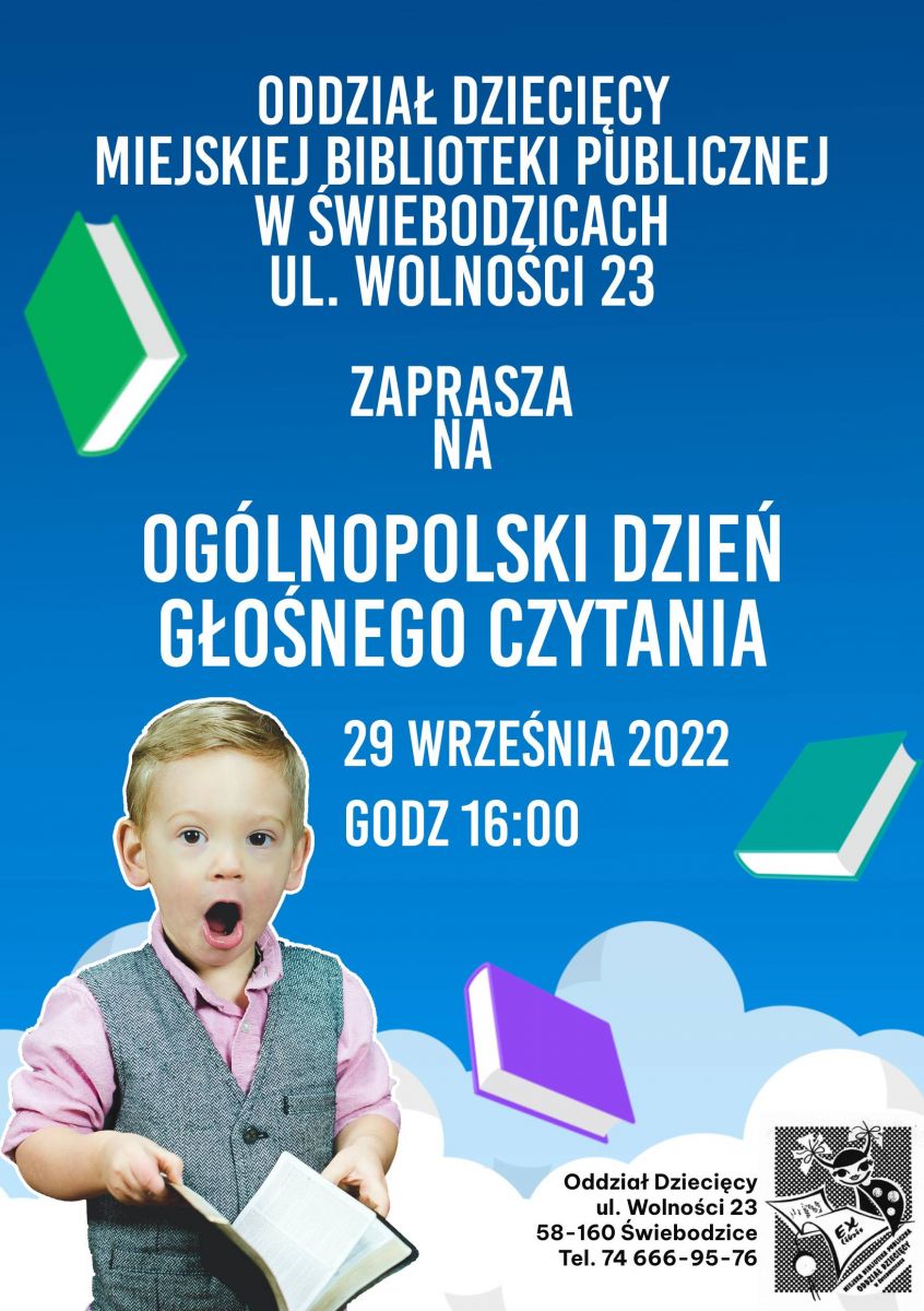 Oddział Dziecięcy MBP w Świebodzicach zaprasza na rodzinne spotkanie w ramach Ogólnopolskiego Dnia Głośnego Czytania, które odbędzie się 29 września 2022, o godz. 16:00