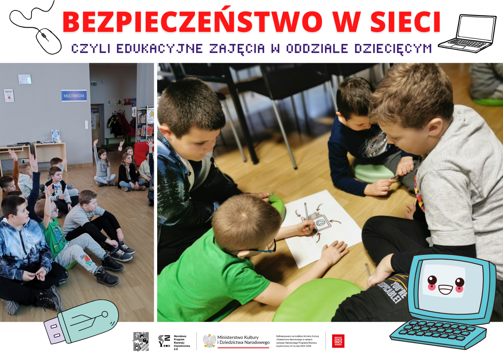 Lekcje z bezpiecznego korzystania z Internetu dla dzieci w Oddziale Dziecięcym biblioteki.