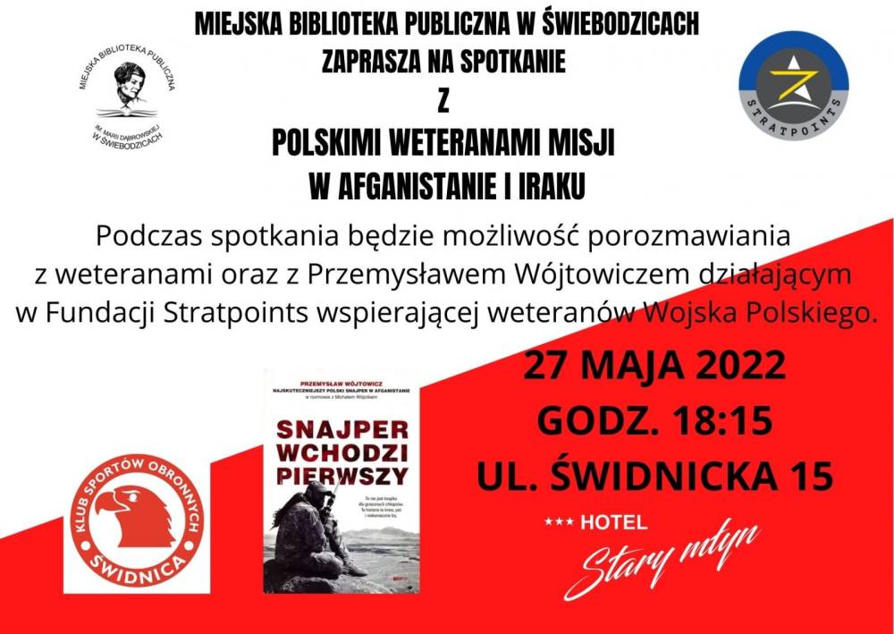 Miejska Biblioteka Publiczna zaprasza na spotkanie z polskimi weteranami misji w Afganistanie i Iraku. Zapraszamy 27 maja o godzinie 18:15 przy ulicy Świdnickiej 15